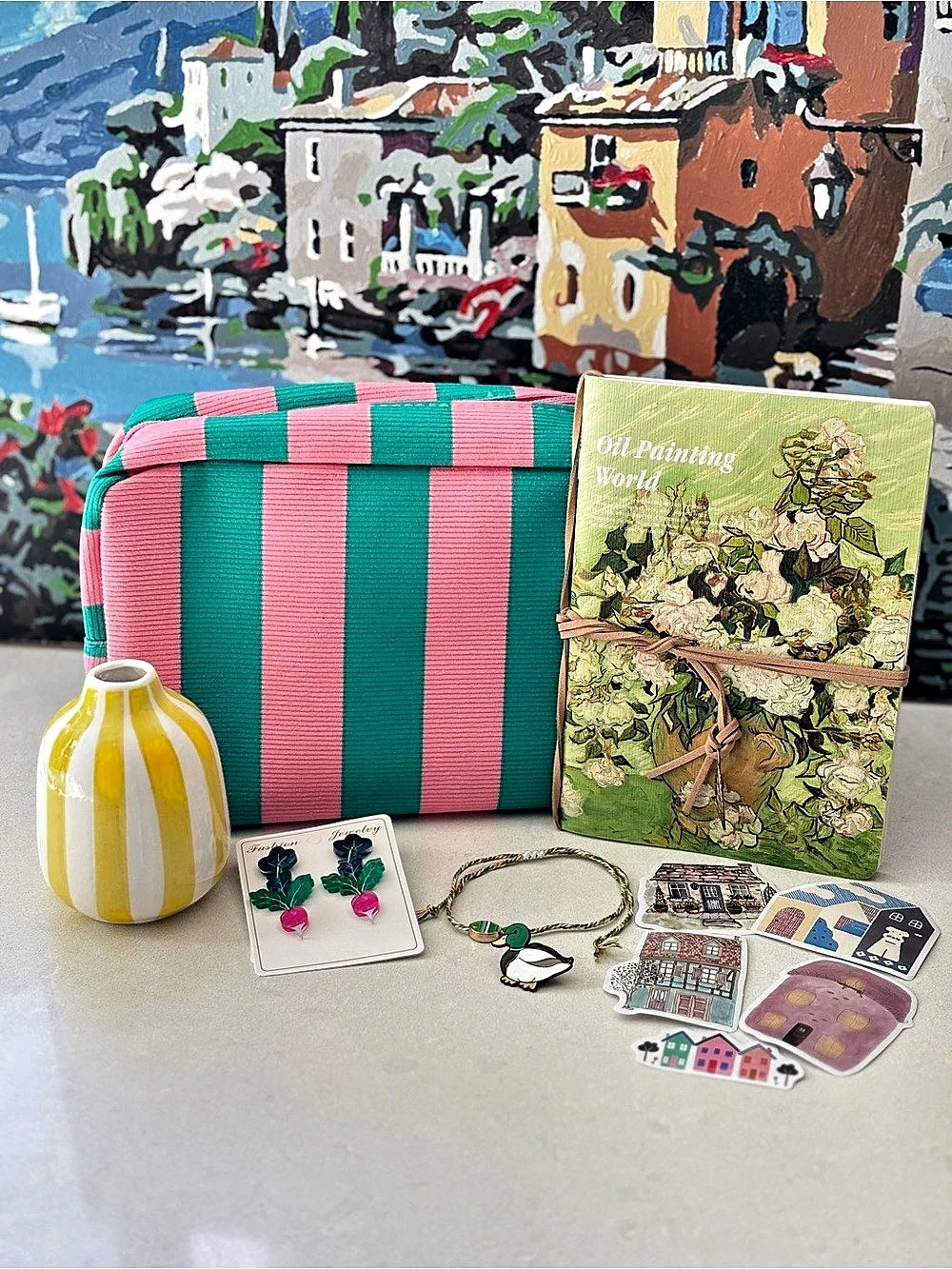 Gift Set for Her, Colorful Accessories, Cosmetic Bag, Sketchbook, Radish Earring